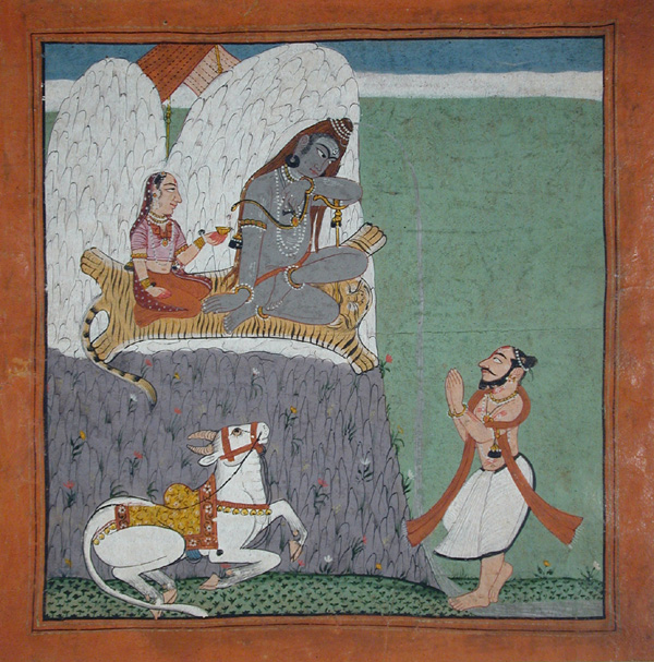 A saint adoring Shiva and Parvati on mount Khailash
