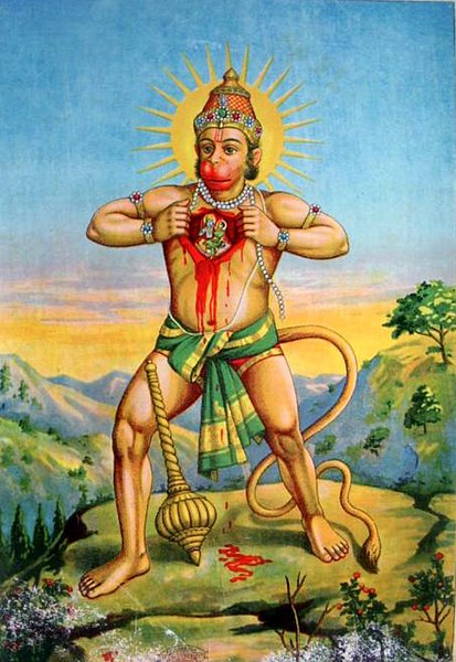 Lord Hanuman opening his chest to reveal Rama and Sita